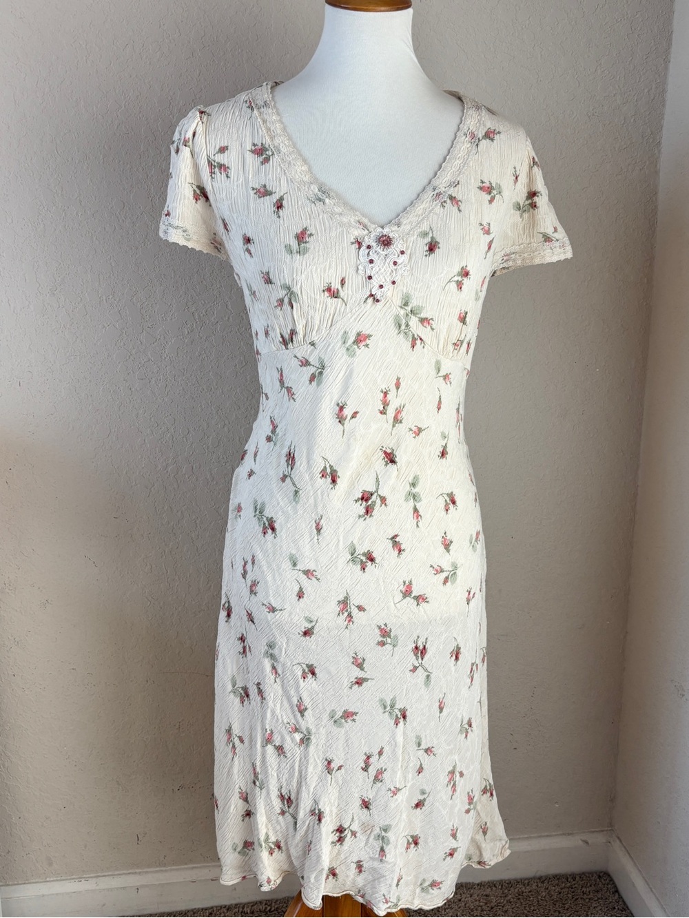 Another Thyme Vintage Floral Midi Dress Cottagecore Cream Rose Print Size 12
